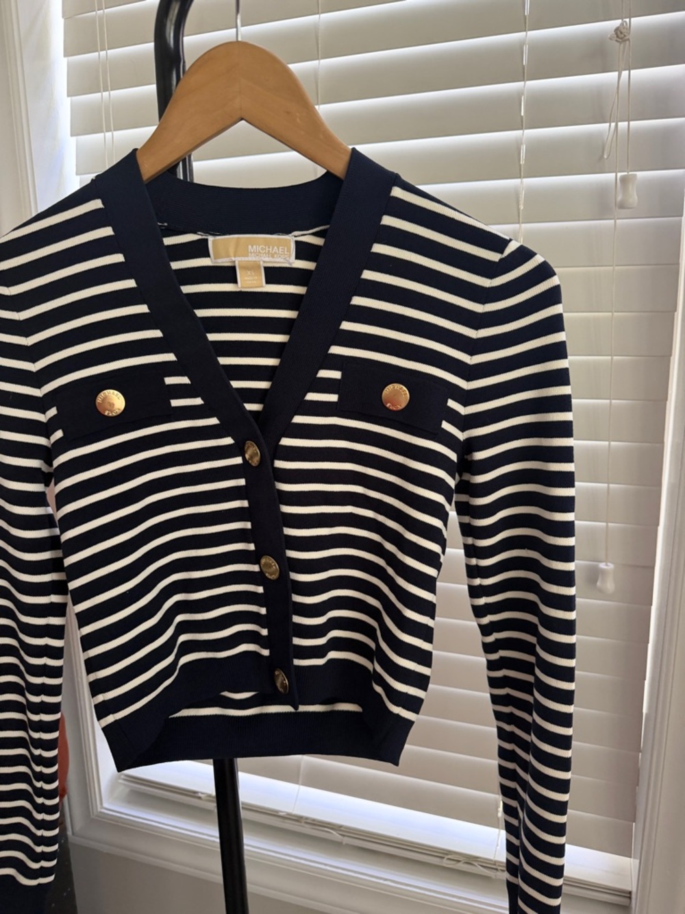 Michael Kors Navy and Cream Striped V-Neck Cardigan with Gold Buttons